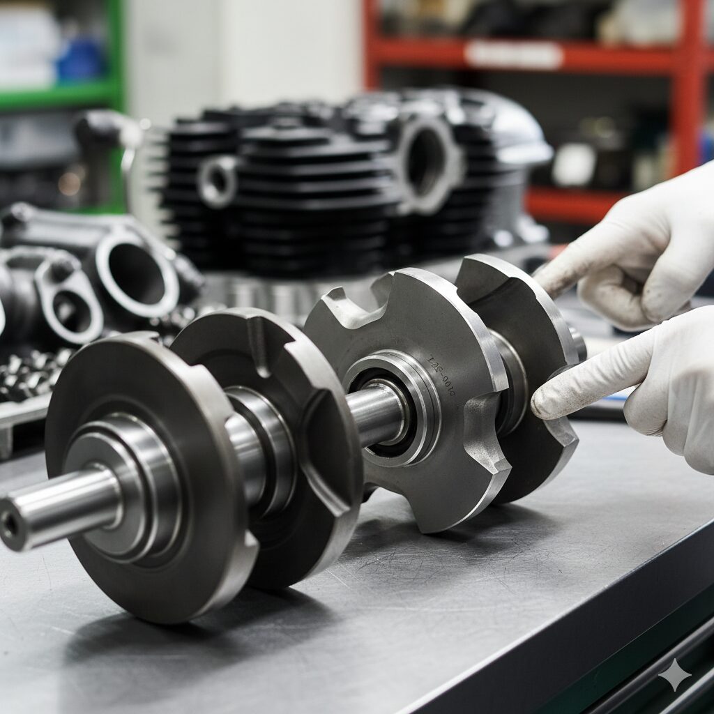 作業台に置かれたZ2のクランクシャフトを白い手袋をはめた日本人のメカニックが指で示している。背景にはエンジンの他の部品がぼやけて見える。