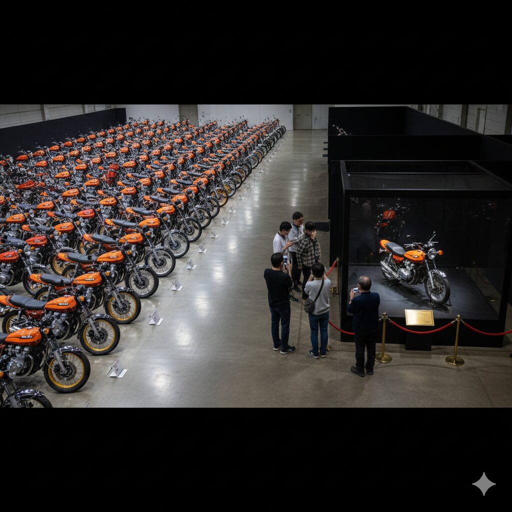 広大な展示ホールで、右側にはガラスケースに展示された希少なZ2が一台、左側には膨大な数のZ1が整然と並べられている。数人の日本人見学者がZ2の周りに集まり、写真を撮ったり鑑賞したりしている。