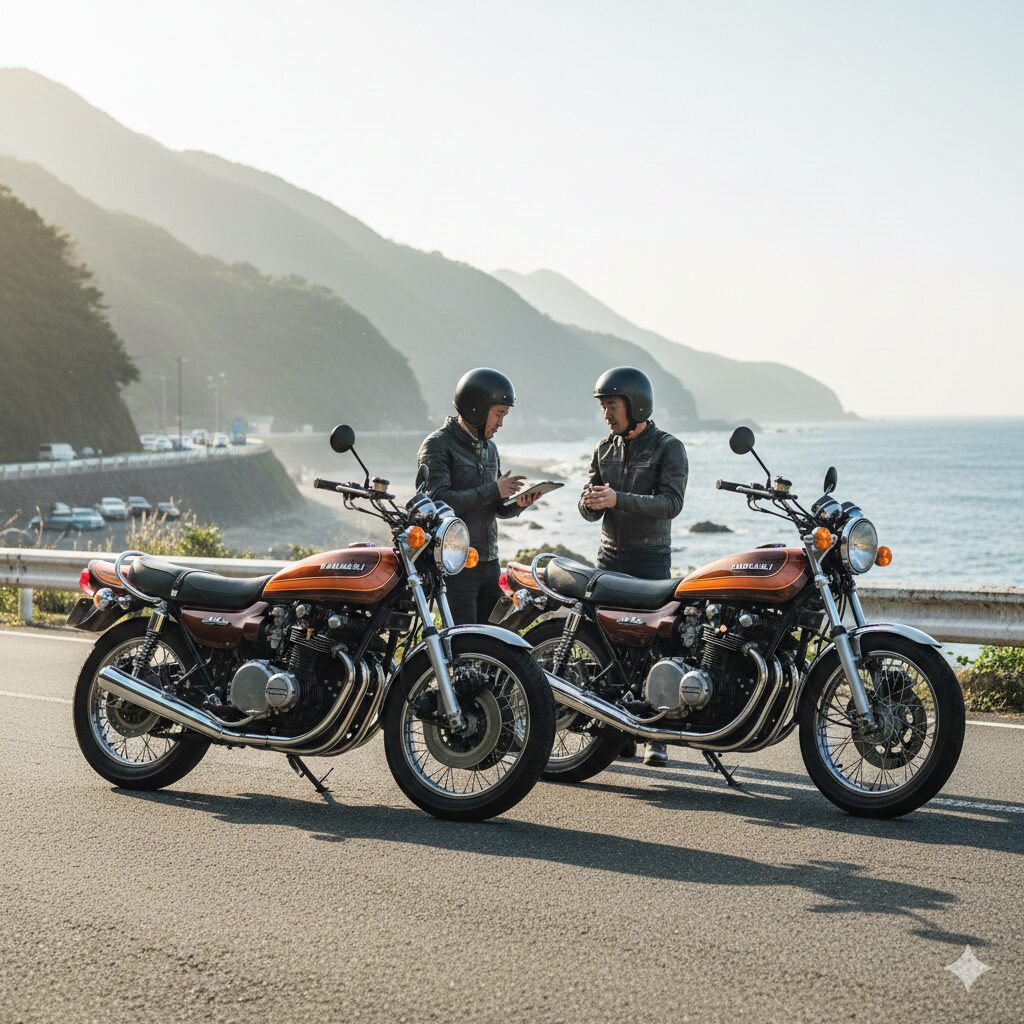 海沿いの道に並んで駐車されたカワサキZ1とZ2のバイク。ヘルメットを被った二人の日本人ライダーが、それぞれのバイクの前に立ち、楽しそうに会話している。背景には美しい海岸線と山々が広がる