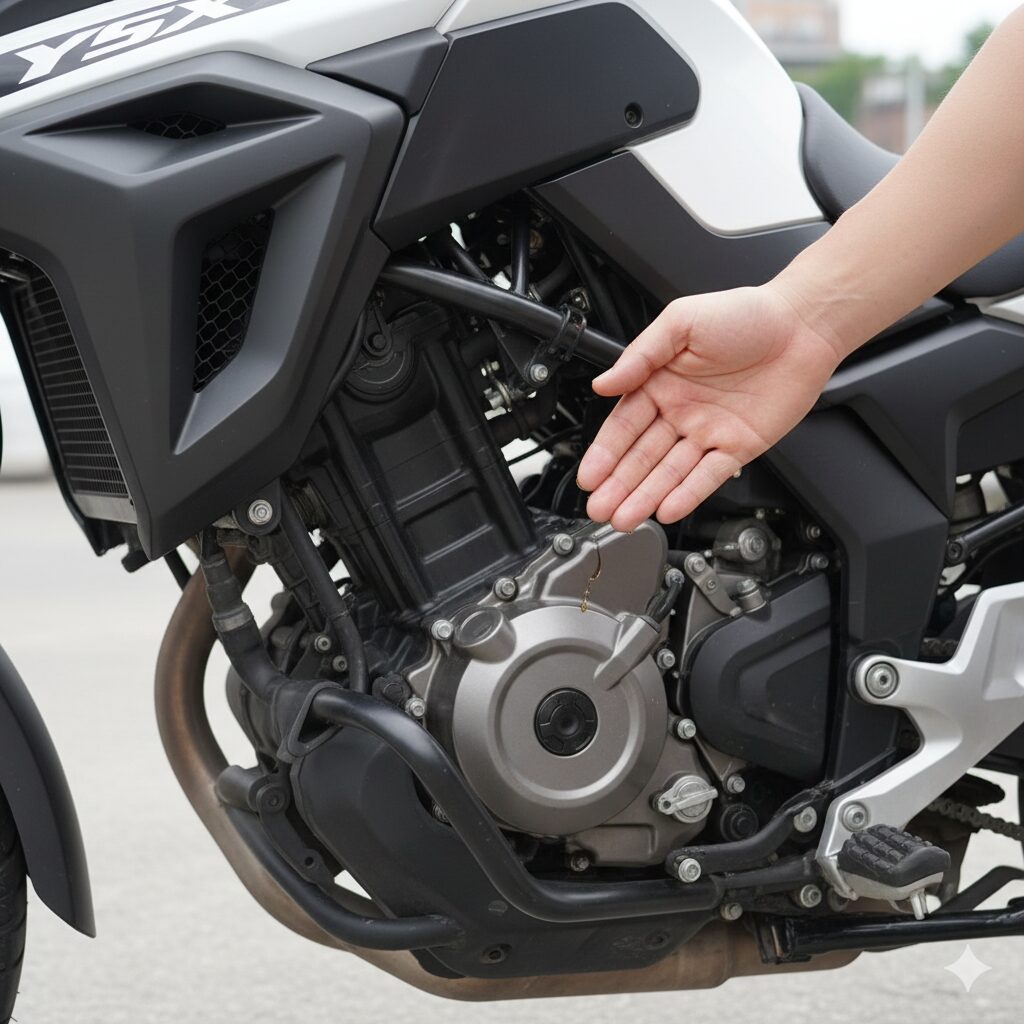 Vストローム250SXのエンジン下部からオイルが滲んでいるクローズアップ画像。日本人ライダーの手がオイルを触って確認しています。
