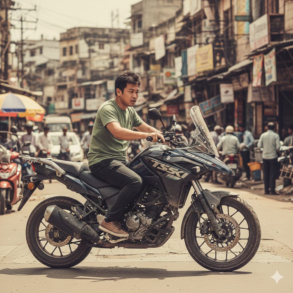 インドの道路を走るVストローム250SXと、そのバイクをじっと見つめる日本人ライダー。背景にはインドの風景が広がっています。