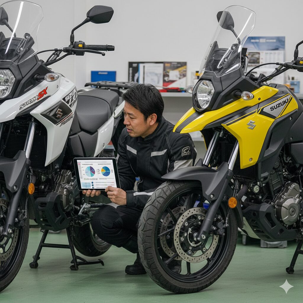 Vストローム250SX（単気筒）とVストローム250（2気筒）の2台が並んでおり、それぞれのエンジンを見比べながら比較検討している日本人ライダー。