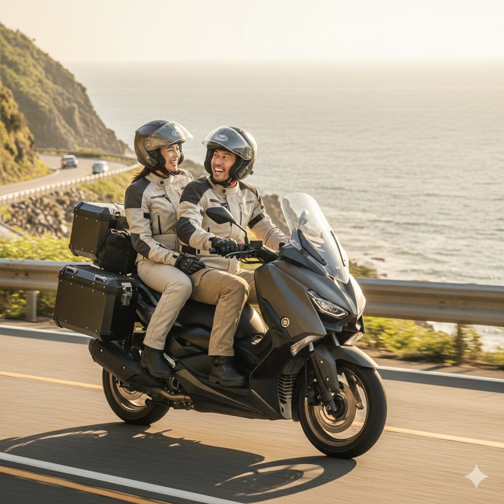 夕日が差し込む海岸線をビッグスクーターでタンデムツーリングする楽しそうなアジア人（日本人）夫婦の姿。後部座席には荷物も積まれている。