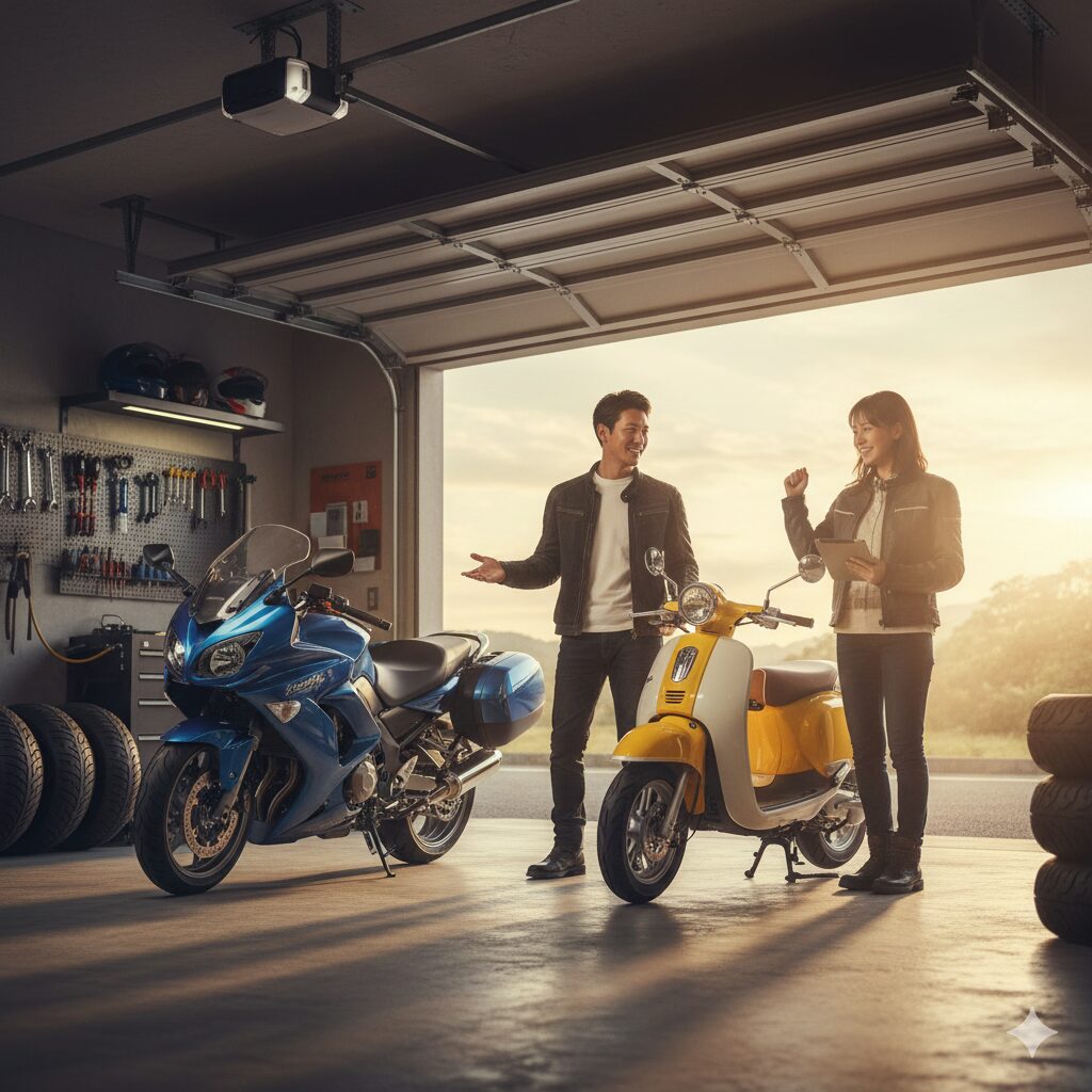 ガレージで大型バイクとスクーターを前に楽しそうに話す日本人夫婦。理想の二台持ちのライフスタイル。