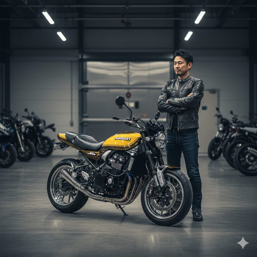 円安やグローバルな需要による暴落からの保護を象徴するように、厳重なセキュリティを備えたガレージに駐車されているZ900RS。