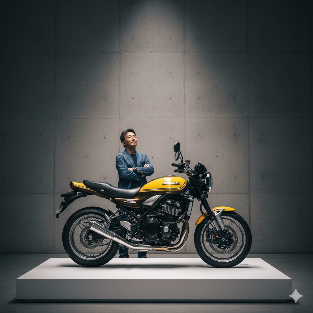 非常に綺麗に手入れされたZ900RSが美術品のように展示台に置かれ、誇らしげな様子の日本人オーナーがそれを見上げている様子。資産としての価値を強調。