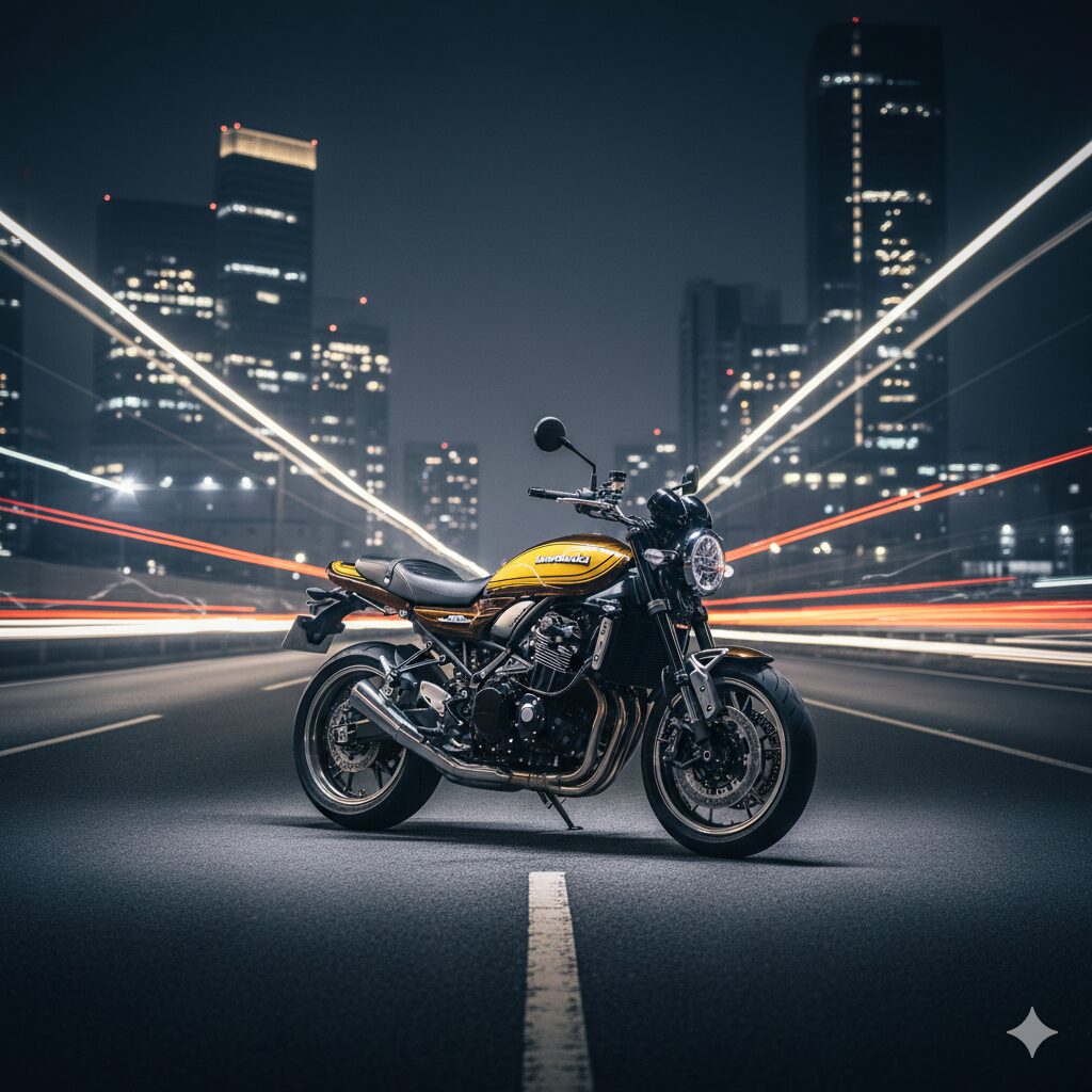 道路の中央に強くライトアップされたZ900RS。夜間の長時間露光で撮影され、その存在感が市場での永続的な高値安定を示唆している。