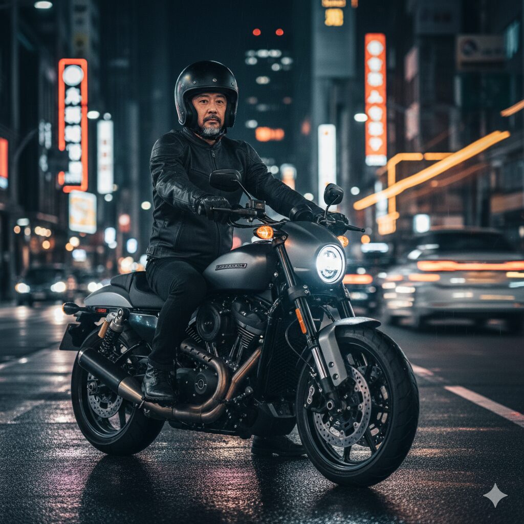 都会の夜景を背景に、ハーレーダビッドソンスポーツスターSに跨る日本人男性ライダー。バイクの洗練されたデザインと筋肉質なスタイリングが際立つ。