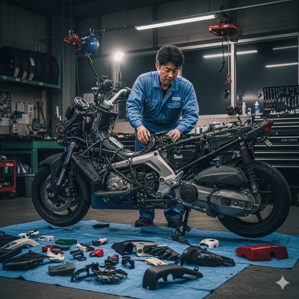 バイク整備士が、複雑な構造のビッグスクーターのボディカウルを何枚も慎重に外している作業風景。外されたプラスチックの部品（カウル）が床に並べられている。