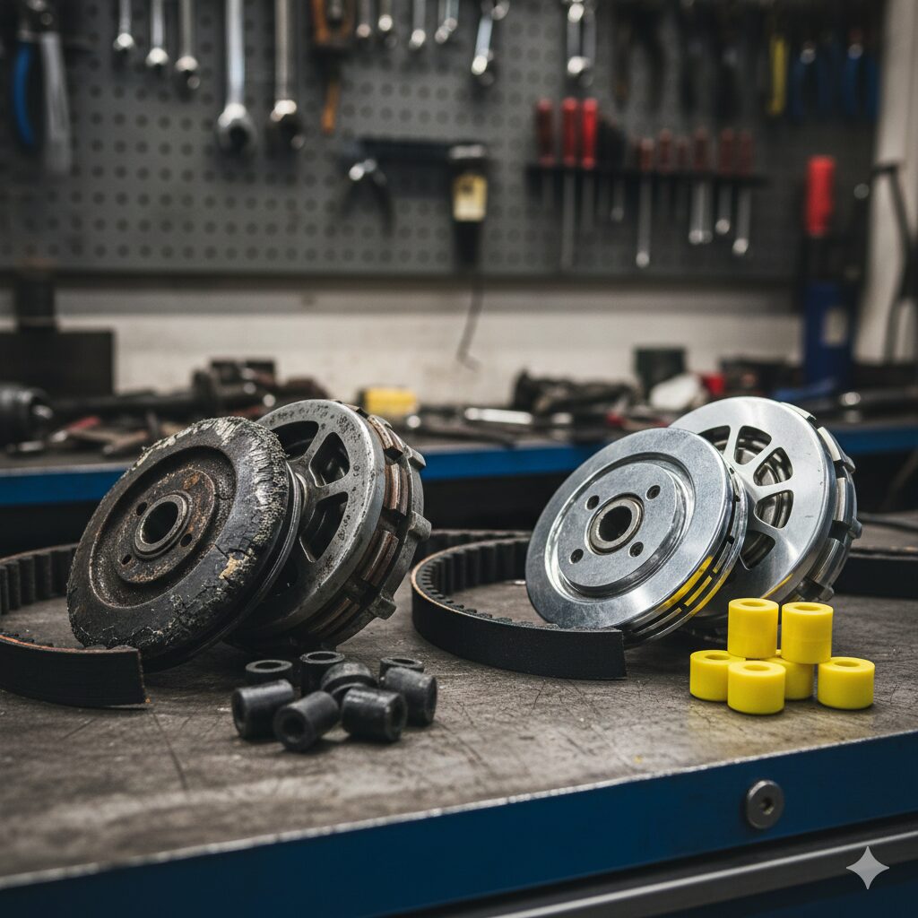 摩耗してボロボロになったVベルトやクラッチなどのスクーター駆動系部品（プーリー、ウェイトローラーなど）を、新品の部品と並べて比較しているクローズアップ画像。