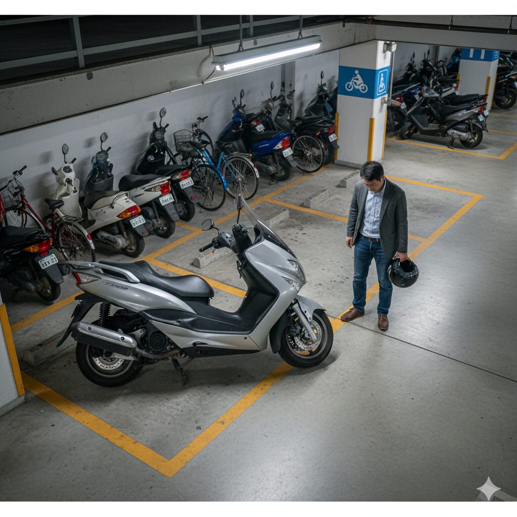 都会の狭いバイク駐輪場に、大きな250ccビッグスクーターが収まらず、手前の通路を塞いでしまっている様子。困惑した表情のアジア人（日本人）ライダー。