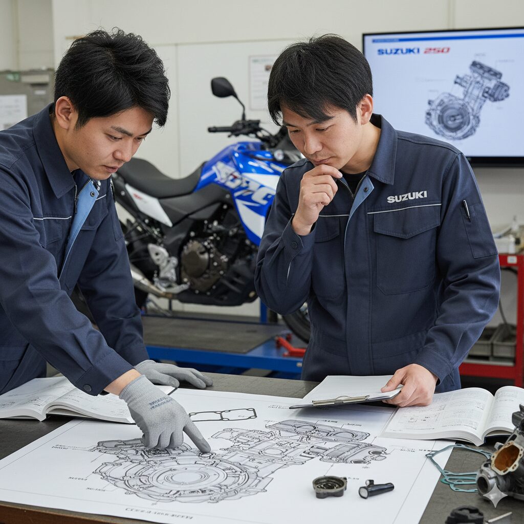 Vストローム250SXのエンジン部分の分解図を見ながら、日本人エンジニアが真剣に議論している様子。